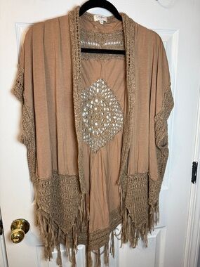 Umgee Tan Open Crochet Fringe Cardigan